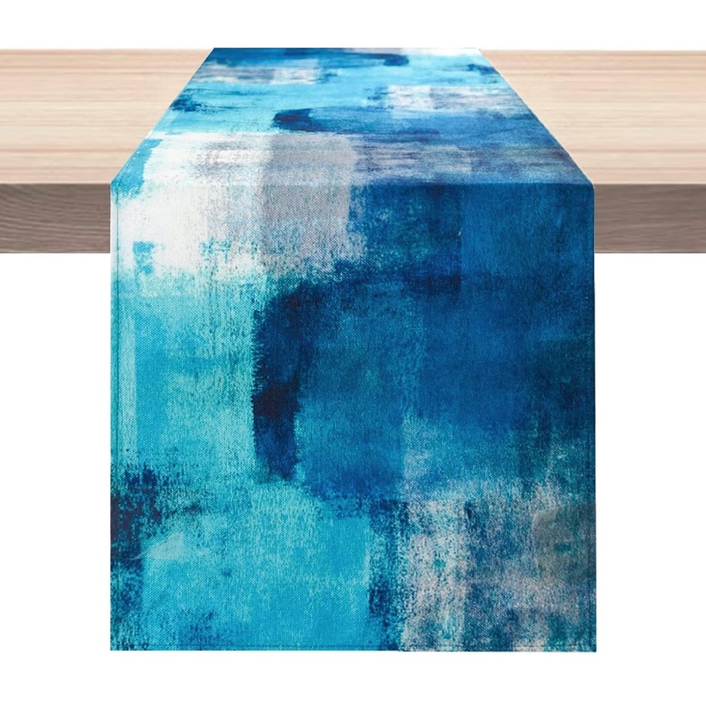 Vibrant Blue Gray Abstract Canvas Table Runner 72 x 13.5 inches NIP